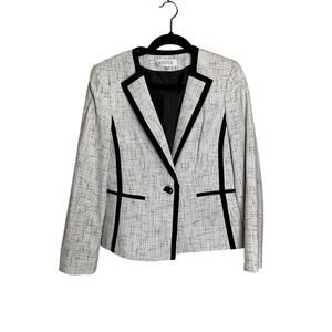 Kasper Tweed Blazer Jacket One Button Peak Lapel Black Trim Gray Womens Size 8